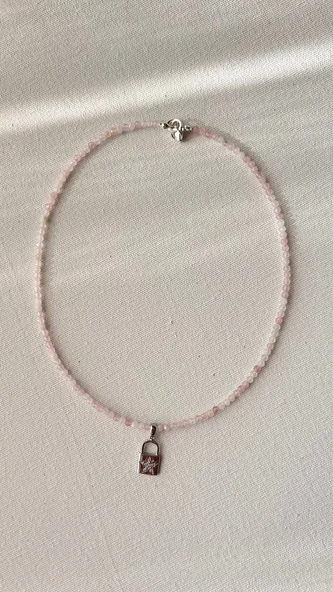 Pembe kuvars 925 ayar gümüş kolye - Resim 5