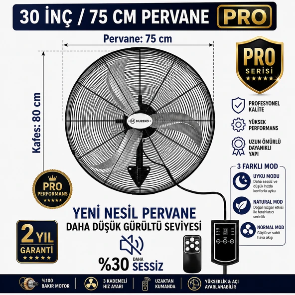 MUZEKO MZK750Pro Plus 30 Inç Sanayi Tipi Kumandalı Duvar Tipi Vantilatör 210w 80cm %100 Bakır Motor EV İÇİN UYGUN DEĞİLDİR ürün görseli 1