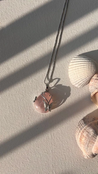 Aşk taşı pembe kuvars çelik kolye - Resim 4