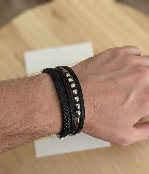 Unisex PU Deri Kombin Bileklik Lacivert Örgü Deri Manyetik Klipsli Çok Katmanlı Modern Şık Kadın Erkek Bileklik Günlük Aksesuar BL28 ürün görseli 1