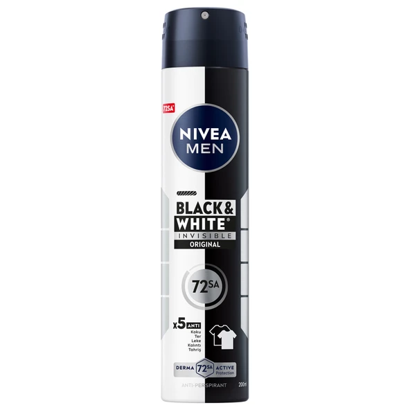 NIVEA MEN Erkek Sprey Deodorant Black&White Invisible 72 Saat Anti-perspirant Original 200ml (6'li Paket) ürün görseli 1