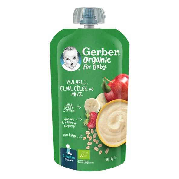Gerber Organic Yulaflı Elma Çilek ve Muz Püre 110G (6'li Paket) ürün görseli 1