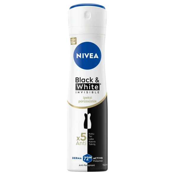 NIVEA Kadın Sprey Deodorant Black&White 72 Saat Anti-perspirant 150 ml (5'li Paket) ürün görseli 1