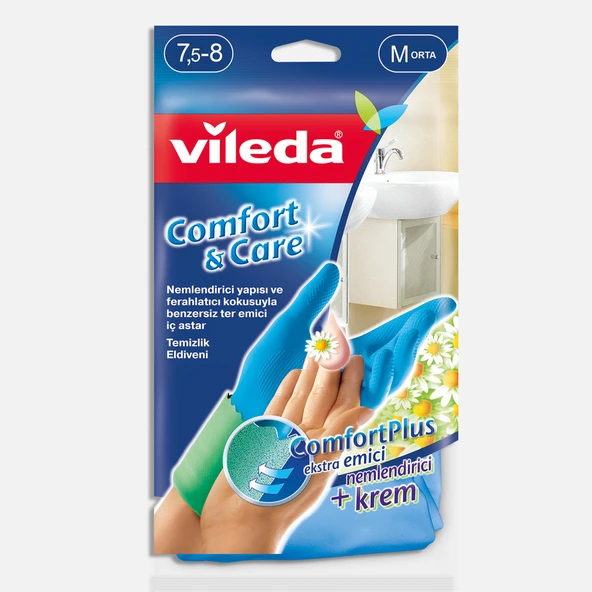 Vileda Comfort & Care Tek Medium Temizlik Eldiveni Mavi (4'li Paket) ürün görseli 1
