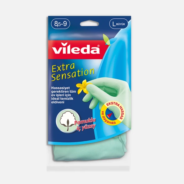 Vileda Extra Sensation Pamuklu Tek Large Temizlik Eldiveni Su Yeşili (5'li Paket) ürün görseli 1