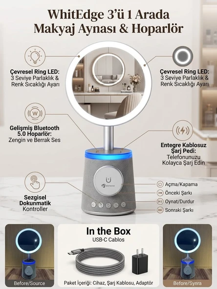 Whitedge Silver 3’ü 1 Arada Makyaj Aynası + Bluetooth hoparlör + Kablosuz Şarj Cihazı ürün görseli 1