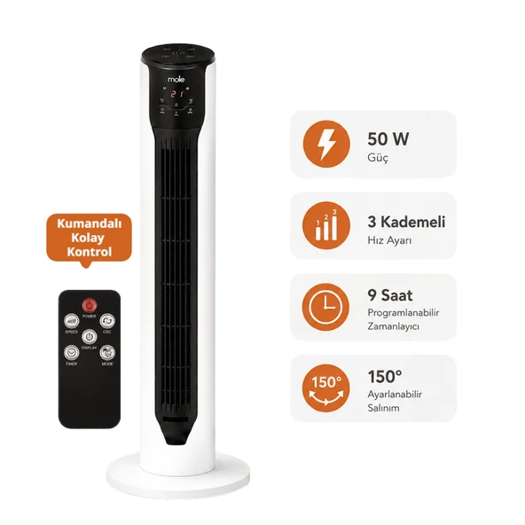Mole F10 Kule Tipi  Kademe SayısıKumandalı 3 Kademeli 50W Beyaz ürün görseli 1