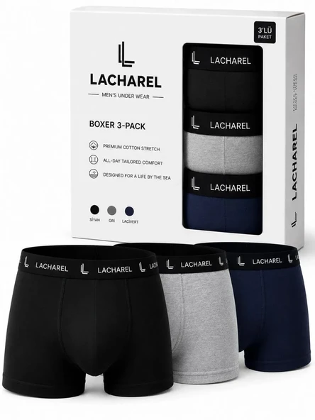 Erkek Likralı Pamuklu Nefes Alan Penye Boxer 3'lü Paket - Siyah - Gri - Lacivert ürün görseli 1
