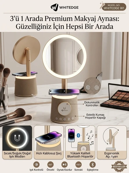 Whitedge Gold 3’ü 1 Arada Makyaj Aynası + Bluetooth hoparlör + Kablosuz Şarj Cihazı ürün görseli 1