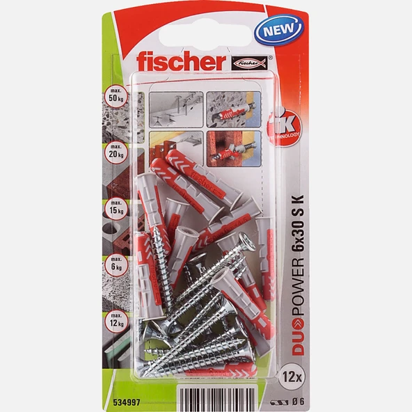 Fischer Duopower 6x30 KSNV(12+12)Dübel (7'li Paket) ürün görseli 1
