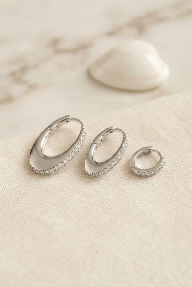 Gümüş Renk Oval Halka Model Zirkon Taşlı 3 lü Küpe Set TJ-BKP11975 ürün görseli 1
