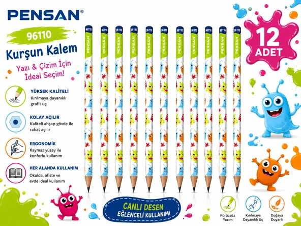 Pensan 96110 Canavar Desenli HB Kurşun Kalem Yazı ve Çizim Kalemi Okul Kırtasiye 12 Adet ürün görseli 1