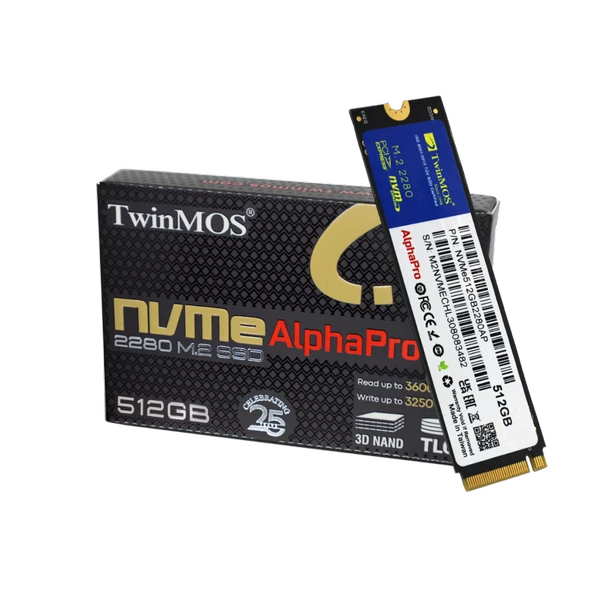 TwinMOS NVMe512GB2280AP, AlphaPro, 512GB, 3600-3250Mb/s, Gen3, NVMe PCIe M.2 2280, SSD, TLC, 3DNAND ürün görseli 1