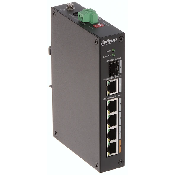 DAHUA PFS3106-4ET-60-V2, 4 Port, Megabit, PoE 60W, 1 Port Gigabit Uplink, 1 Port Gigabit SFP, Yönetilemez, Masaüstü Switch ürün görseli 1