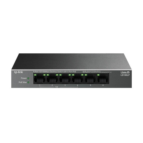 TP-LINK LS106LP, Green Tech, 6 Port, MegaBit, 4 Port PoE 41W, Metal Kasa, Yönetilemez, Masaüstü Switch ürün görseli 1