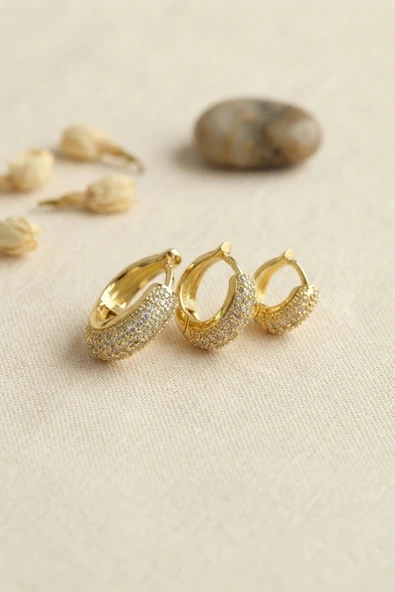 Gold Renk 3 lü Zirkon Taşlı Halka Küpe Set TJ-BKP11968 ürün görseli 1