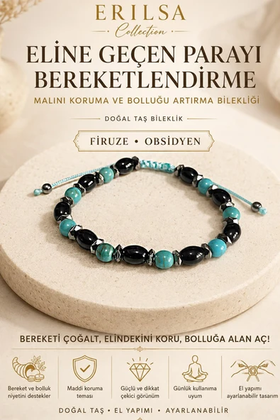 Sertifikalı Eline Geçen Parayı Bereketlendirme Malını Koruma Bolluk Bilekliği Firuze Obsidyen Doğal ürün görseli 1