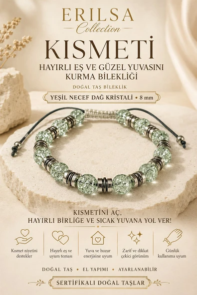 Sertifikalı Kısmeti Hayırlı Eş ve Güzel Yuvasını Kurma Bilekliği Yeşil Necef Dağ Kristali 8 mm ürün görseli 1