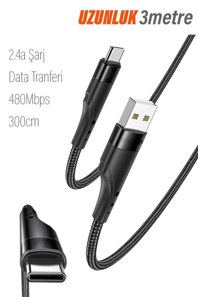 3 Metre USB Type C Kablo 2.4A 3m Uzun USB-C kablo Şarj ve Data Kablosu ürün görseli 1