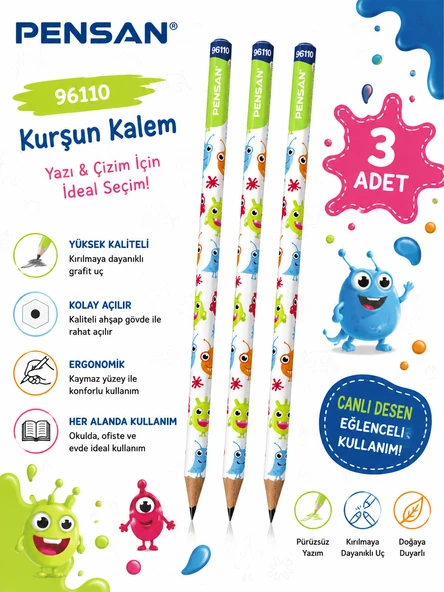 Pensan 96110 Canavar Desenli HB Kurşun Kalem Yazı ve Çizim Kalemi Okul Kırtasiye 3 Adet ürün görseli 1
