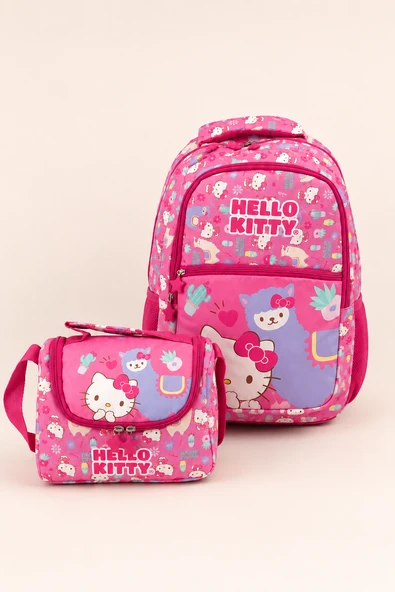 Hello Kitty Lisanslı Kız Çocuk 2'li Okul Çanta Seti İlkokul Sırt Çantası Beslenme Çantası Pembe ürün görseli 1