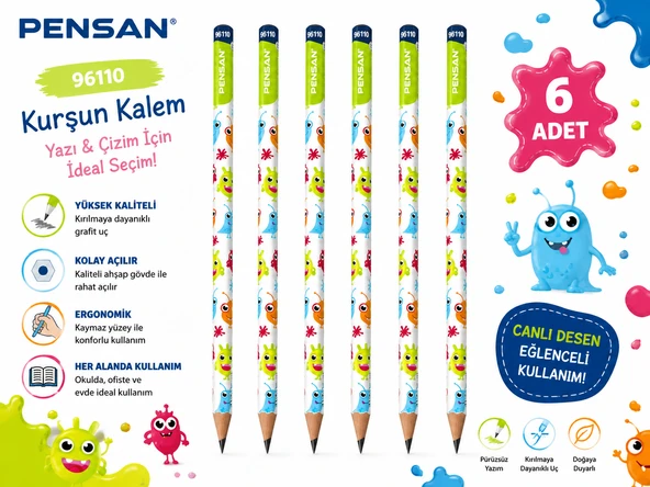 Pensan 96110 Canavar Desenli HB Kurşun Kalem Yazı ve Çizim Kalemi Okul Kırtasiye 6 Adet ürün görseli 1