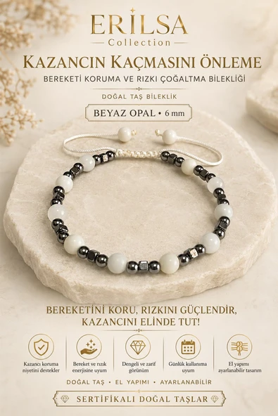 Sertifikalı Kazancın Kaçmasını Önleme Bereketi Koruma ve Rızkı Çoğaltma Bilekliği Beyaz Opal 6 mm ürün görseli 1