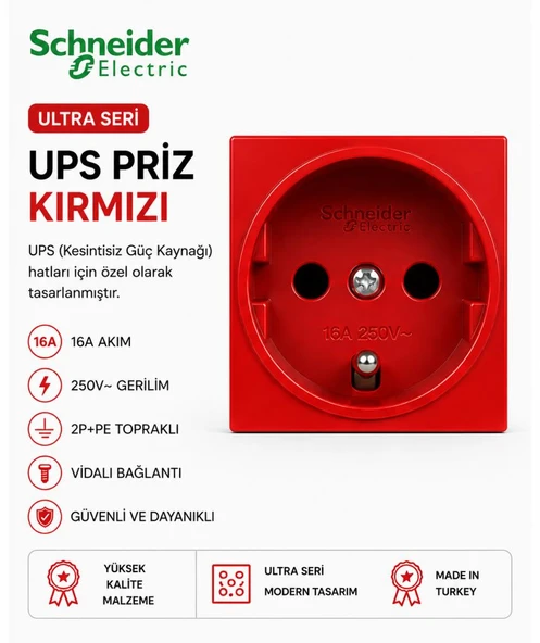 Schneider Electric Ultra ETK21046E UPS Prizi Kırmızı 45x45 mm – 16A 250V – 2P+PE Masa Üstü Topraklı Priz – Vidalı Bağlantı ürün görseli 1