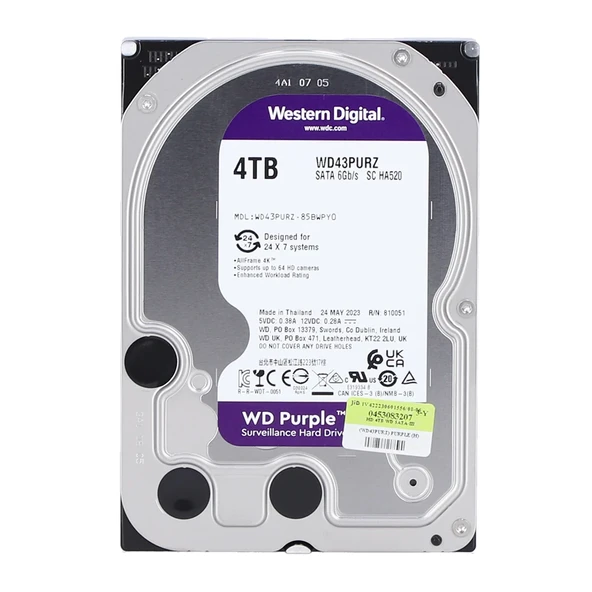 WD PURPLE, WD43PURZ, 3.5", 4TB, 256Mb, 5400 Rpm, 7/24 Güvenlik, HDD (Türkiye Distribütörü Garantili) ürün görseli 1