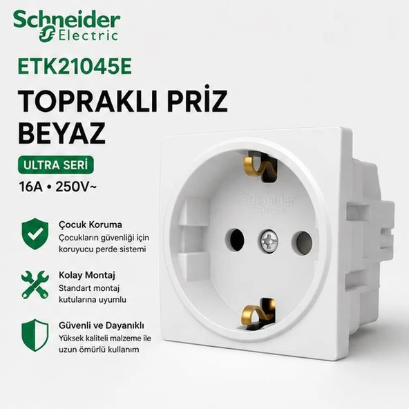Schneider Electric Ultra ETK21045E Topraklı Priz Beyaz 16A 250V – 45x45 Masa Üstü Priz - Vidalı Bağlantı - Çocuk Korumalı ürün görseli 1