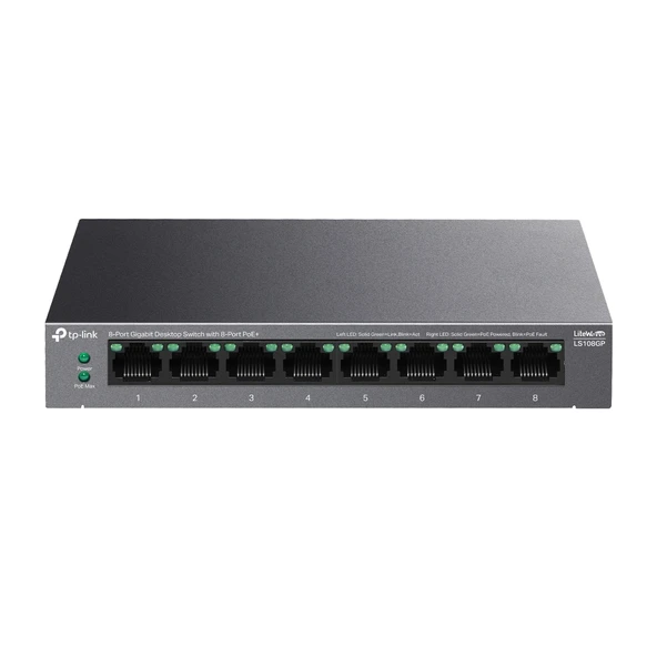 TP-LINK LS108GP, Green Tech, 8 Port GigaBit, PoE 62W, Yönetilemez, Metal Kasalı Switch ürün görseli 1