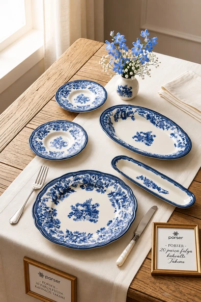 Porser Porselen Velour Navy Fulya Kahvaltı Seti 6 Kişilik 20 Parça ürün görseli 1