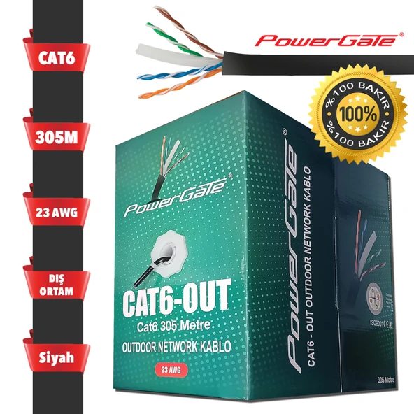 POWERGATE CAT6-OUT-COPPER, Outdoor (Dış Mekan), Polietilen, 23AWG 0.57mm, UTP, CAT6, %100 Bakır Kablo, 305m, Siyah ürün görseli 1