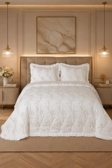 Kanima Elyaf Dolgulu Çift Kişilik 230x250 Cm Yatak Örtüsü Krem ürün görseli 1