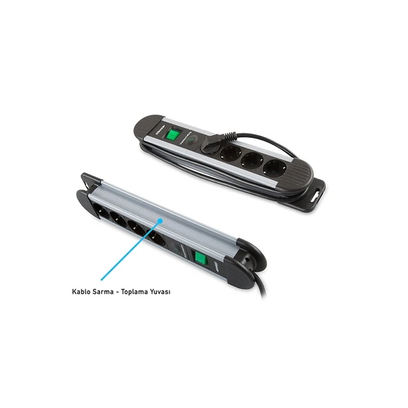 S-LINK Swapp SPGKS03, 3 Soket, Akım Korumalı Priz, 1.5Mt Kablo, 900 Joule (Gri) %100 Bakır ürün görseli 1