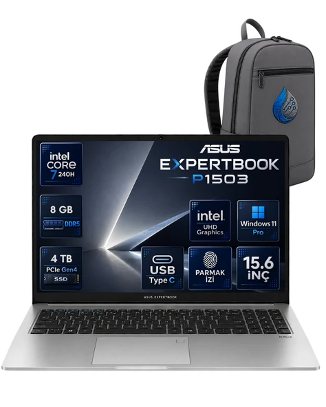 ASUS ExpertBook P1 P1503CVA Intel Core 7-240H 8 GB DDR5 4 TB SSD 15,6'' Full HD Windows 11 Pro Dizüstü Bilgisayar P1503CVA-C716512G0DRNP04 ürün görseli 1