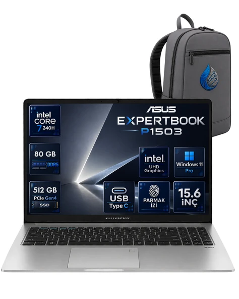 ASUS ExpertBook P1 P1503CVA Intel Core 7-240H 80 GB DDR5 512 GB SSD 15,6'' Full HD Windows 11 Pro Dizüstü Bilgisayar P1503CVA-C716512G0DRNP29 ürün görseli 1