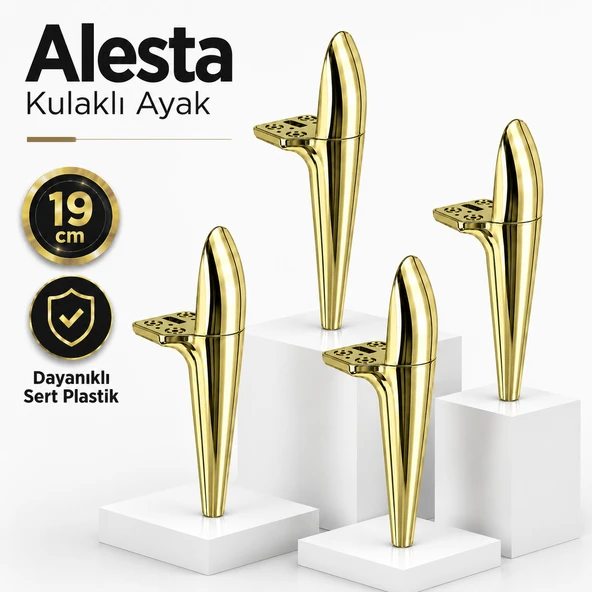 (4 Adet) Alesta 19 Cm Kulaklı Altın Renk Ayak Sert Plastik Sehpa Ayağı Mobilya Kanepe Koltuk Ayağı ürün görseli 1