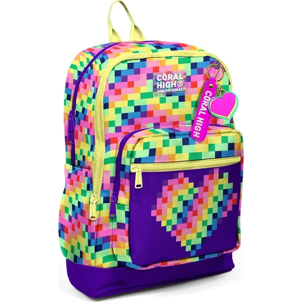 Coral High Kids Çok Renkli Piksel Kalp Desenli Okul Sırt Çantası 33208 ürün görseli 1