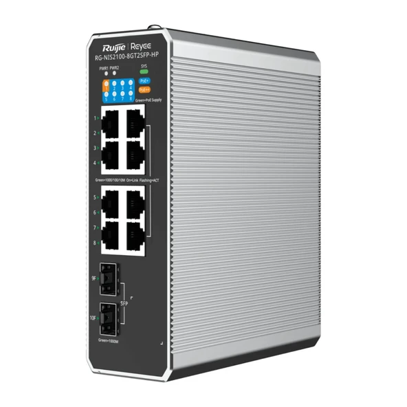 RUIJIE REYEE RG-NIS2100-8GT2SFP-HP 8 Port  GigaBit PoE, 240W,  2Port SFP, Endüstriyel Switch ürün görseli 1