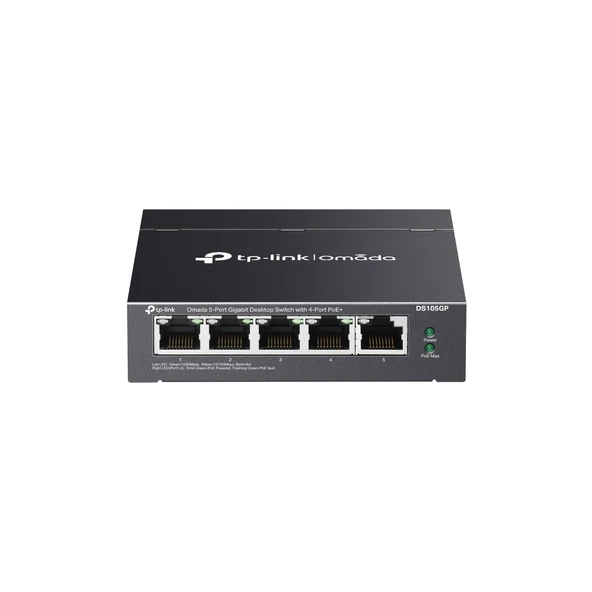 OMADA DS105GP, 5 Port Gigabit,  4 Port Gigabit PoE+, 65W, Yönetilemez, Masaüstü/Vesa Metal Kasa Sessiz Switch ürün görseli 1