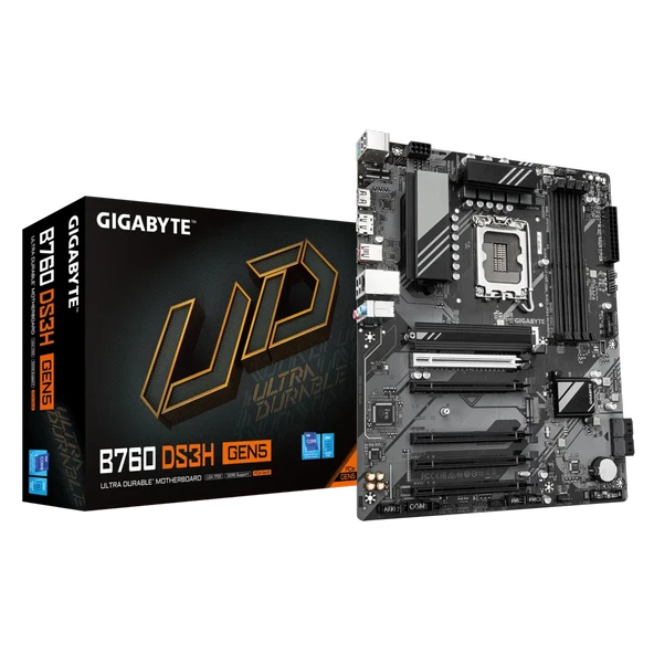 GIGABYTE B760 DS3H GEN5, 4xDDR5, 2xM.2, DP, HDMI, Type-C, 13-14.Nesil, LGA1700 Soket, Anakart ürün görseli 1
