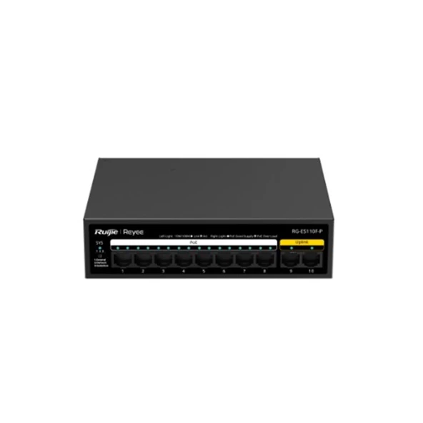 RUIJIE REYEE RG-ES110F-P 10 Port, 8 Port MegaBit  POE, 110W, 2 Port Uplink, Metal Kasa Switch ürün görseli 1