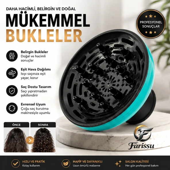 Turkuaz Evrensel Fön Makinesi Difüzör Başlık – Elektriklenme Önleyici Kıvırcık Bukle Belirginleştirici ürün görseli 1