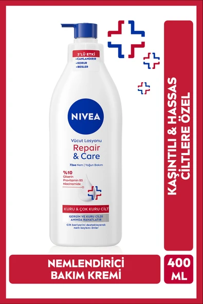 NIVEA Vücut Losyonu Repair Care 400 ml,72 Saat Nemlendirici,Kuru Cilt,Kaşıntılı ve Hassas Ciltlere Özel ürün görseli 1