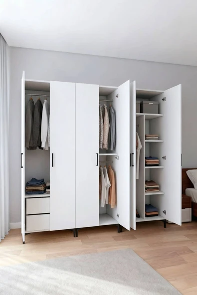 Gubimo125-6 Kapılı Modüler Gardırop Beyaz-2 Çekmeceli 2 Askılıklı ve Raf Bölmeli Elbise Dolabı ürün görseli 1