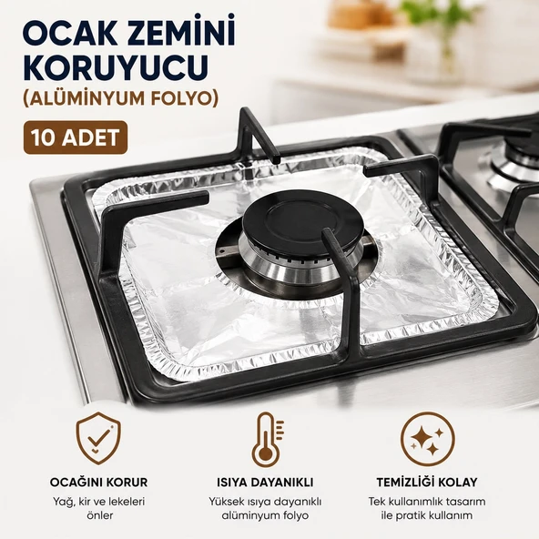 10 Adet Alüminyum Folyo Ocak Zemini Koruyucu -Yağ Sıçrama Önleyici, Isıya Dayanıklı, Tek Kullanımlık, 20,5 x 20,5 cm ürün görseli 1
