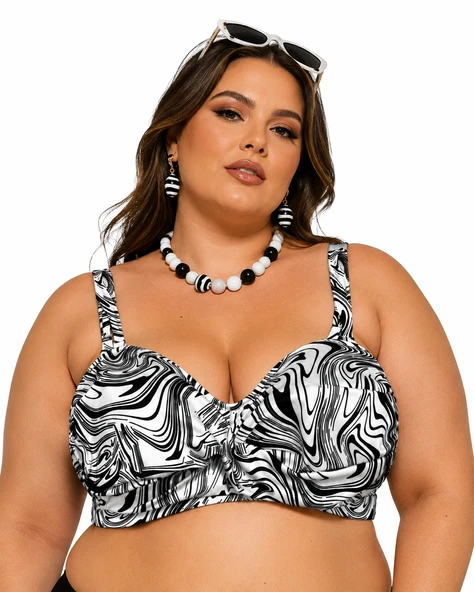 Büyük Beden Straplez Sabit Pedli Desenli Ayarlanabilir Askılı Kadın Bikini Üst ürün görseli 1