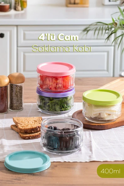 Porsima Lapis 4lü Hava Geçirmez Cam Kahvaltılık Seti Renkli Kapaklı Saklama Kabı 400ml ürün görseli 1