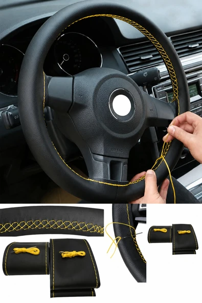 devirhesapdevri Opel Astra H Uyumlu Direksiyon Kılıfı Dikmeli Siyah Suni Deri Sarı Dikişli ürün görseli 1